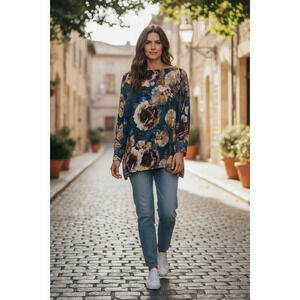 5397)Bryn Walker L Fiori Lagenlook Watercolor Floral Print Jersey Gabo Tunic